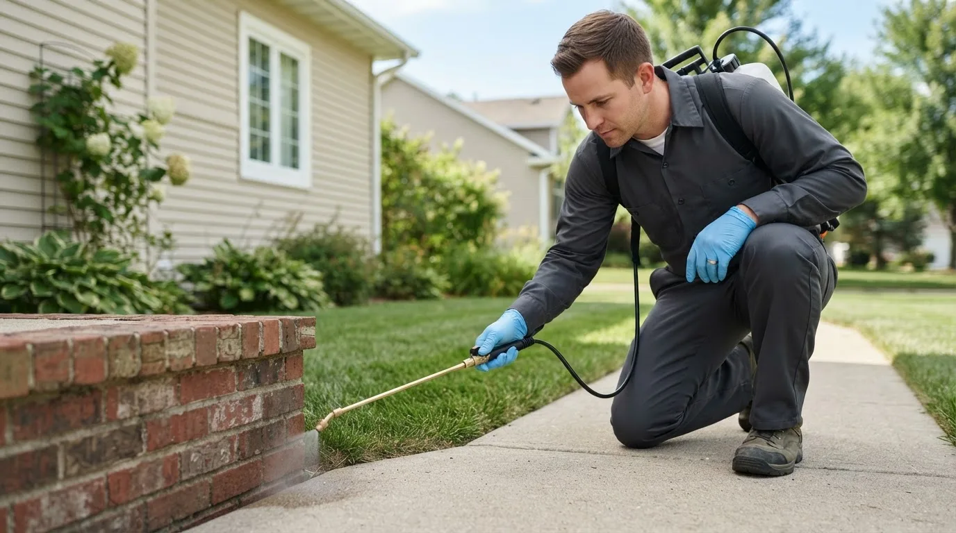 Pest control technician treating a home near Surry, VA